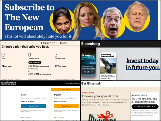 Digital news subscription sign-up pages for The New European, Financial Times, Bloomberg, The Times and The Telegraph.