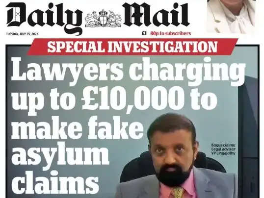 Daily Mail front page "Lawyers charging up to £10,000 to make fake asylum claims"