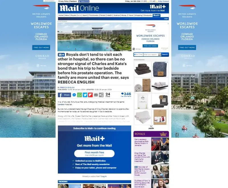 Mail+ article on Mail Online website with different masthead and subscribe button