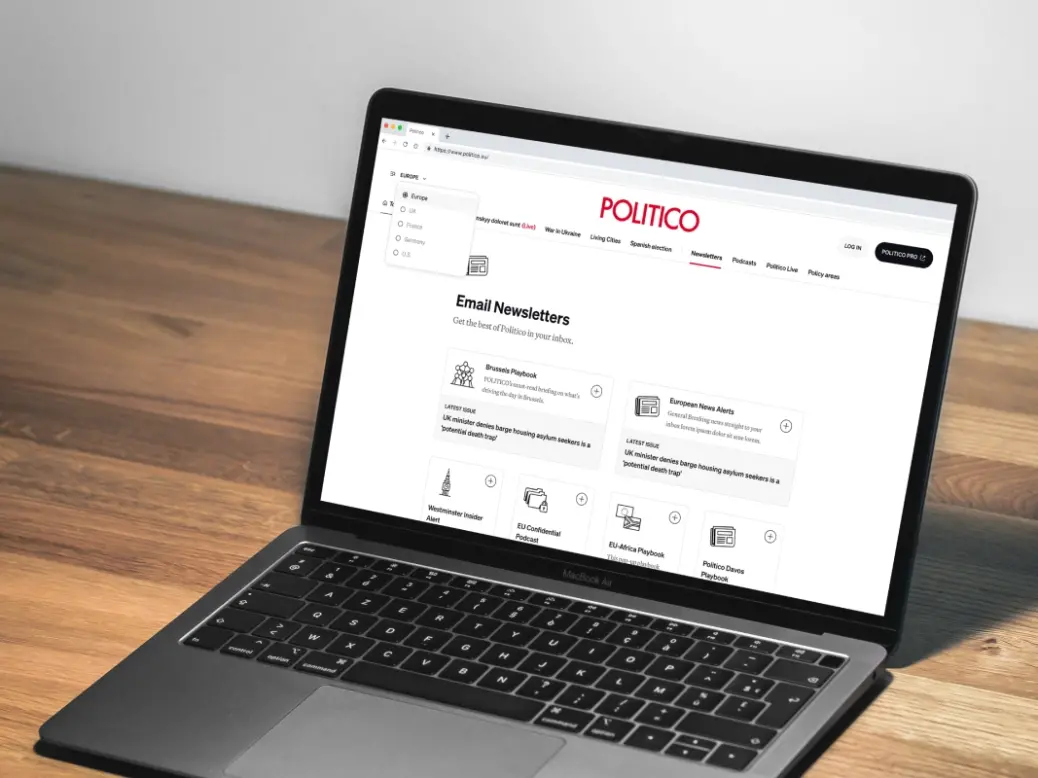 The new Politico European website is seen displayed on a Macbook. The site's VP of product Max Leroy has told Press Gazette the new design is aimed at improving Politico's ranking on Google, keeping readers on the publication's own platforms and at making the site readable for the web crawlers that ultimately feed into generative AI.