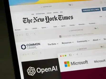 Webpages of the New York Times, Common Crawl, OpenAI, and Microsoft are seen on a computer. Picture: Shutterstock/Tada Images