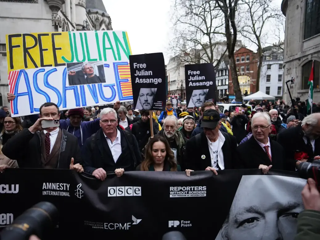 Stella Assange (centre) the wife of Julian Assange, marches to Downing Street with supporters from the Royal Courts of Justice in London, following a extradition hearing in the case of the WikiLeaks founder on Wednesday 21 February 2024. Picture: James Manning/PA Wire