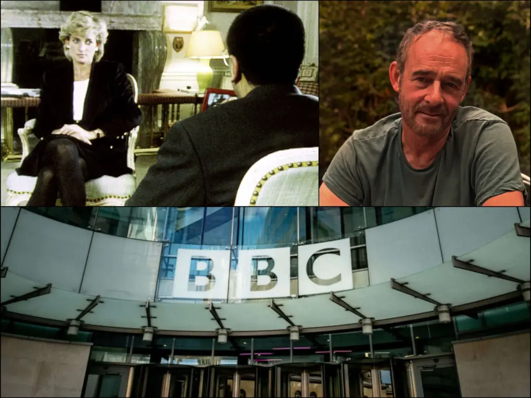 A photo montage displaying freelance journalist Andy Webb, the headquarters of the BBC and a still from Martin Bashir's notorious 1995 Panorama interview with Princess Diana. The images illustrate an interview with Webb as a new stage begins in his freedom of information tussle with the public broadcaster.