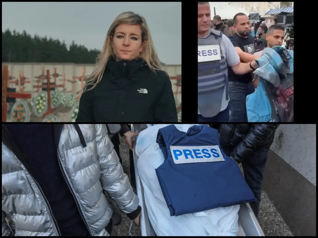 A photo montage depicting Independent chief international correspondent and Marie Colvin Award winner Bel Trew alongside images from the funerals of journalists killed in Gaza