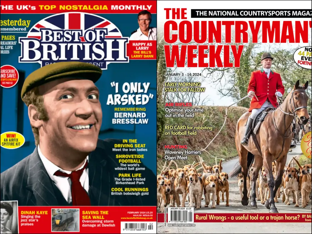 The most recent covers for the two discontinued Emap magazines, Best of British (left) and The Countryman's Weekly (right). The cover for Best of British features a Union Flag and a picture of Carry On actor Bernard Bresslaw. The Countryman's Weekly is illustrated with a picture of a fox hunter on horseback ahead of a pack of hounds.