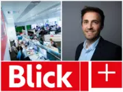 Blick newsroom, Blick+ logo and Blick Group head of reader revenue Adrian Gottwald. Pictures: Ringier
