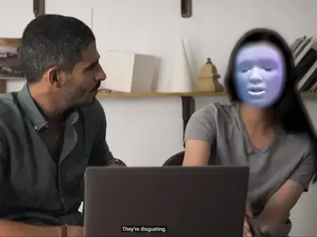 Screenshot from the BBC Queer Egypt documentary. AI mask used to hide the identity of one contributor.