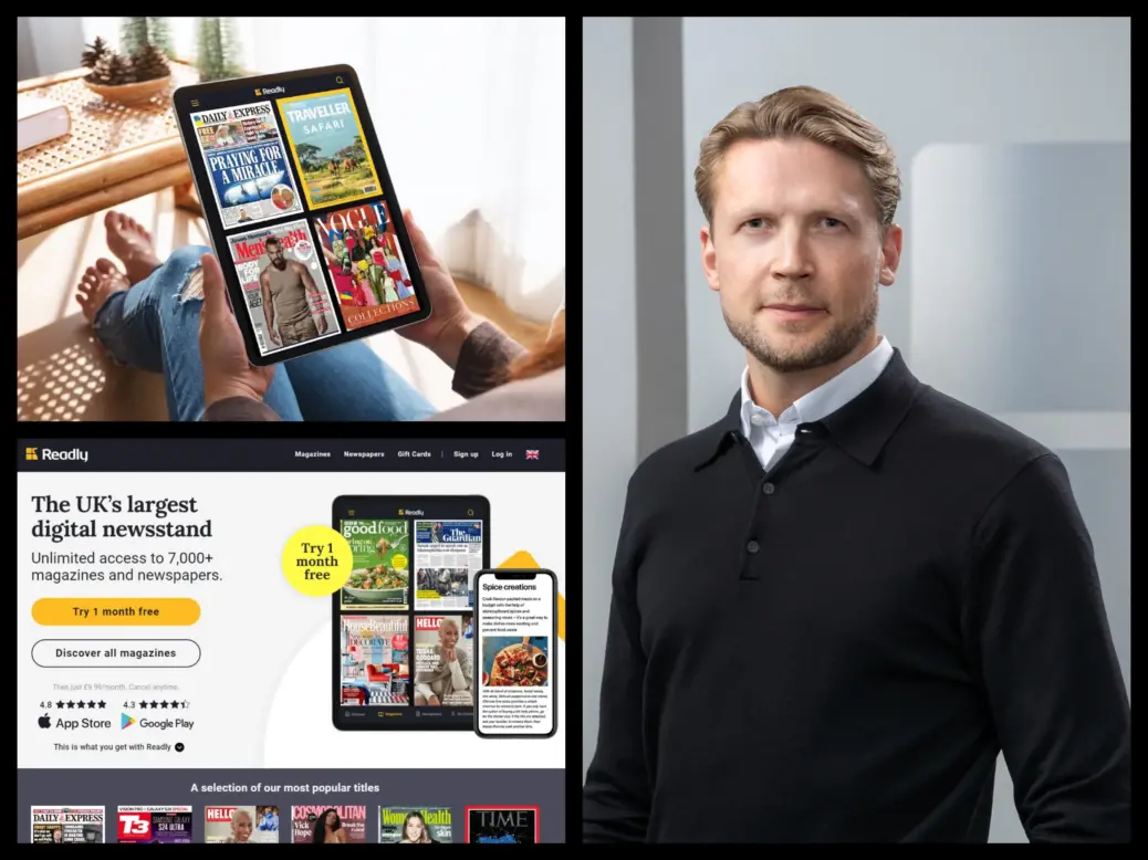Readly CEO Philip Lindqvist plus Readly sign-up page and tablet app. Pictures: Readly