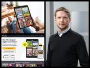 Readly CEO Philip Lindqvist plus Readly sign-up page and tablet app. Pictures: Readly