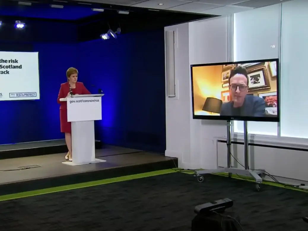 Channel 4 News former Scotland correspondent Ciaran Jenkins is seen asking Nicola Sturgeon whether she would hand over her pandemic Whatsapp messages to a future Covid inquiry during a press conference in August 2021.
