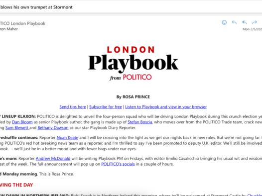 A screenshot of Politico's London Playbook newsletter on Monday morning, 5 February 2024. The picture illustrates a story about Playbook shuffling its author line up and its commercial resilience in 2023.