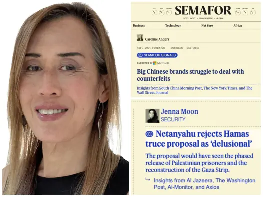 A montage showing a picture of Semafor executive editor Gina Chua alongside two screenshots of how the start-up's new AI-driven breaking news feed Signals appears on its website.