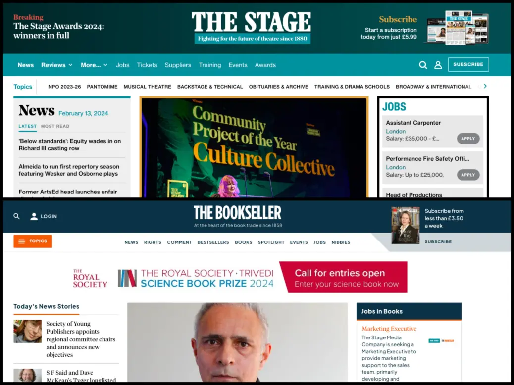 A montage showing The Stage and Bookseller websites, illustrating a story about some job cuts and hiring freezes The Stage Media Company has made as part of a digital shift.