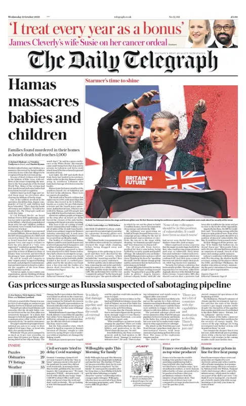 The Daily Telegraph front page on 11 October 2023
