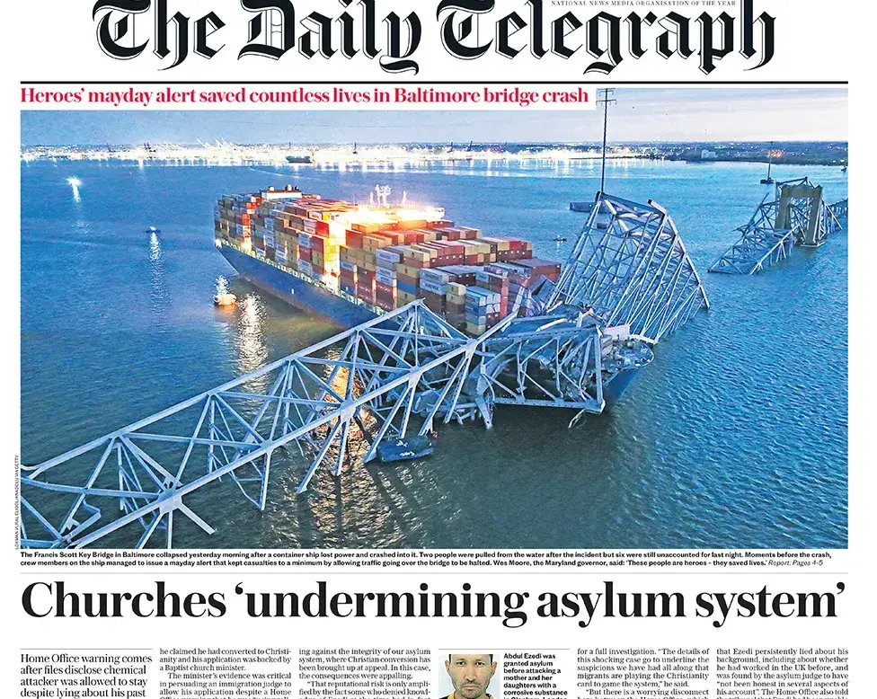 Daily Telegraph front page on 27 March 2024