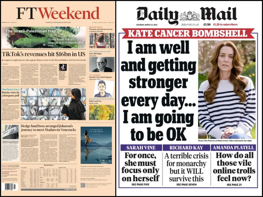 Saturday editions of the Daily Mail and Financial Times in March 2024