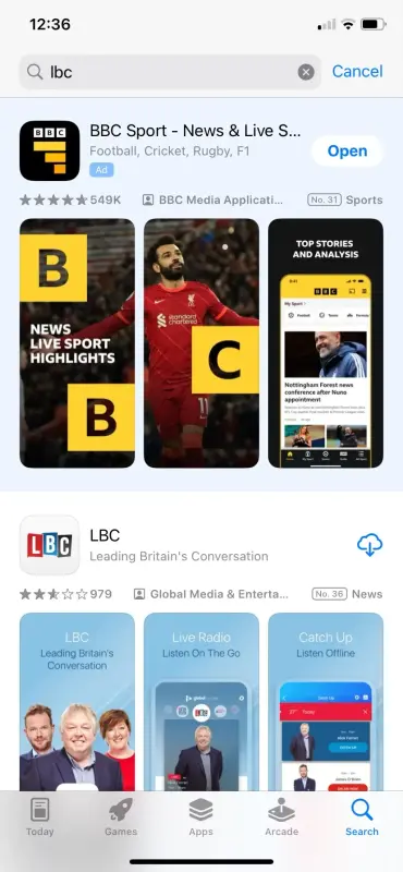 BBC Sport app appearing above LBC in a search for LBC in Apple app store on 22 March 2024. Picture: Press Gazette