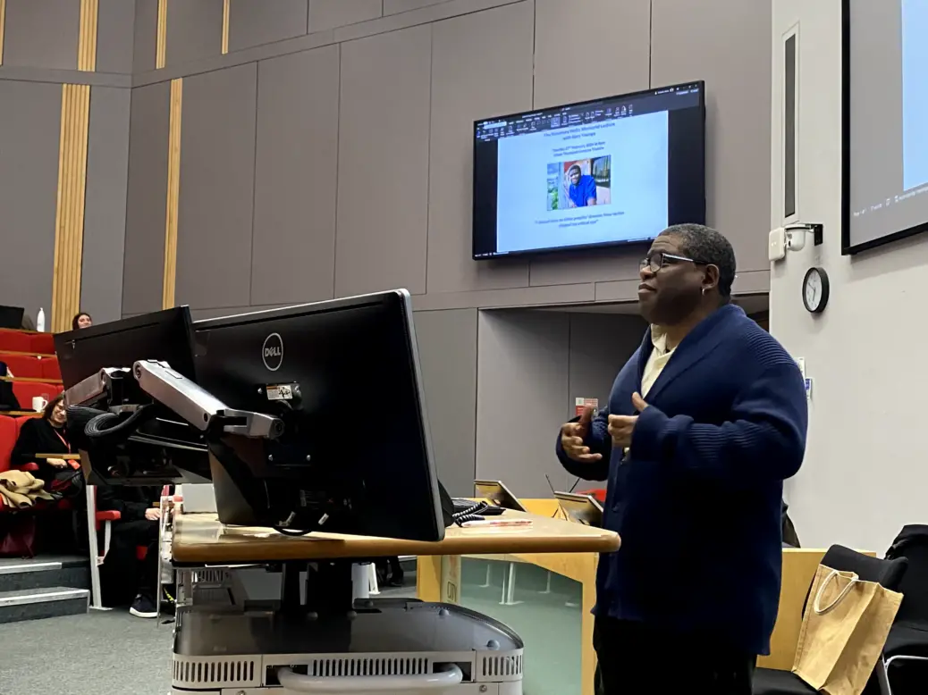 Former Guardian editor-at-large Gary Younge appears in a lecture hall at City University in February 2024 to deliver the inaugural Rosemary Hollis memorial lecture.