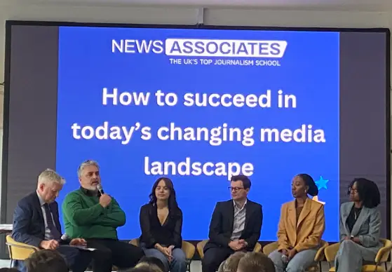 Panel discussion featuring (from left to right): Graham Dudman, chair of the event, Press Gazette's Dominic Ponsford, Sky News' Eve Bennett, Nub News' James Smith, Sky News' Manuela Brown, and freelance Jacqueline Shepherd.