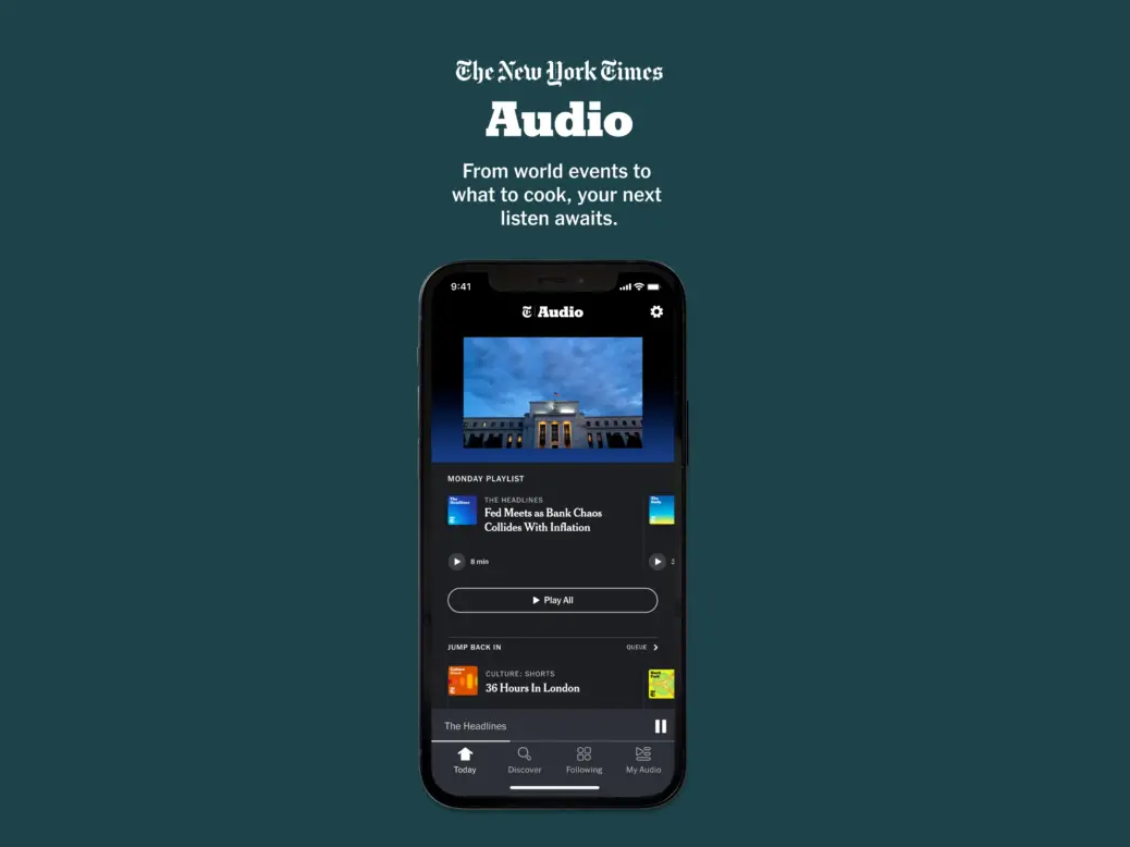 A promotional graphic for The New York Times' NYT Audio app, depicting the app's homepage on an iPhone.