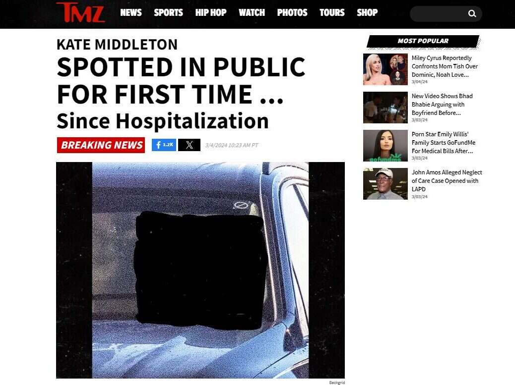 The TMZ story featuring Kate picture (obscured by Press Gazette)
