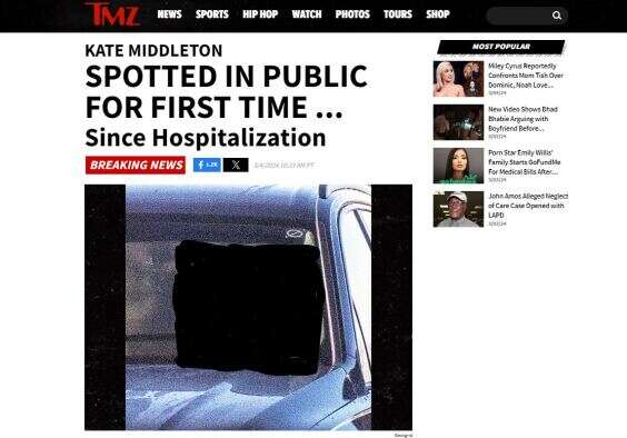 The TMZ story featuring Kate picture (obscured by Press Gazette)