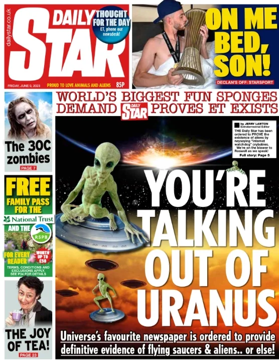 The Daily Star's 2023 front page about "fun sponges" Newsguard. Picture: Reach
