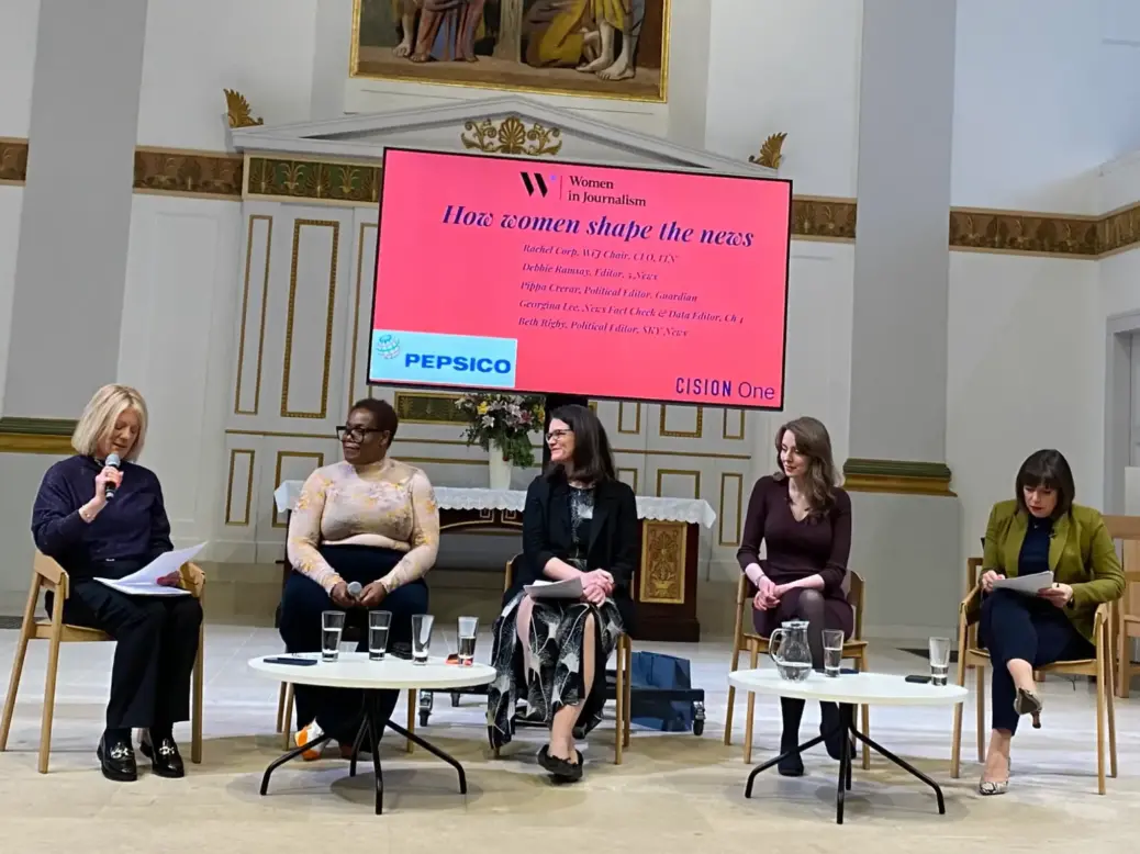 Women in Journalism panel in London on 18 April 2024, with impact of newspapers on next election among discussion points. From left to right: ITN CEO Rachel Corp, 5 News editor Debbie Ramsay, Guardian political editor Pippa Crerar, Channel 4 news editor for Fact Check and data Georgina Lee, and Sky News political editor Beth Rigby. Picture: Press Gazette