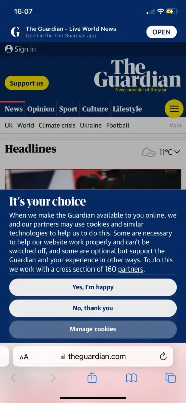 New Guardian cookie consent banner