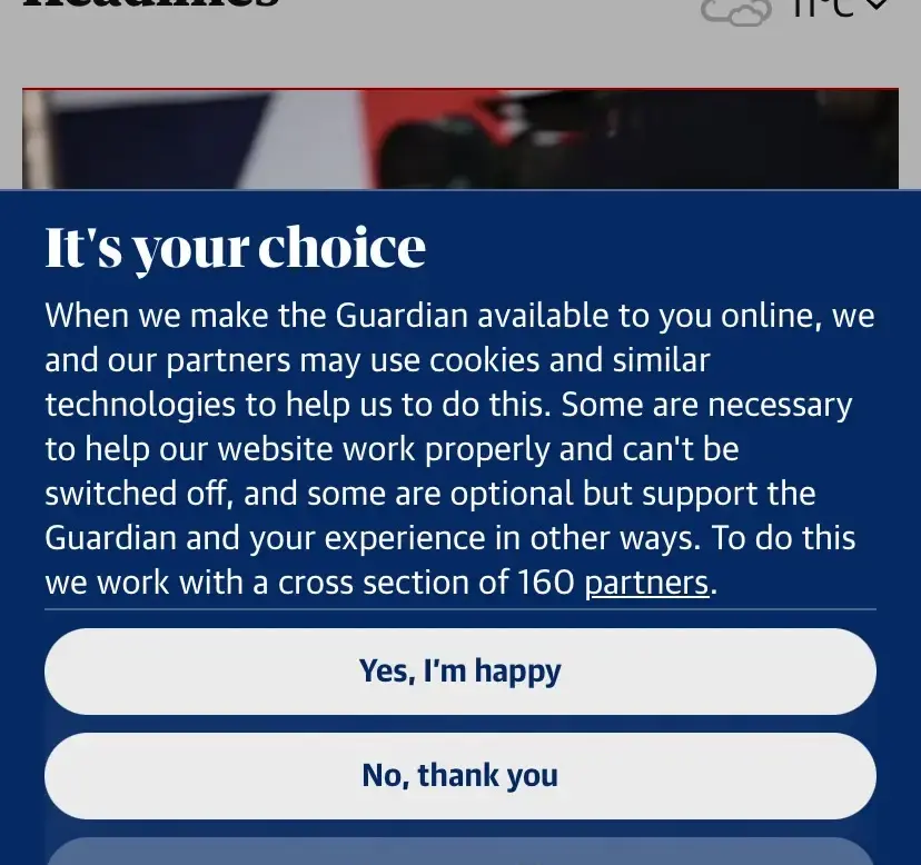 New Guardian cookie consent banner (cropped)