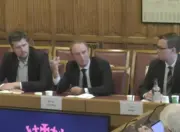 Tortoise editor and former BBC executive James Harding (centre) discusses the broadcaster's plans to place adverts alongside podcasts on third-party platforms during an appearance before the House of Lords Communications and Digital Committee on Tuesday 23 April, 2024.