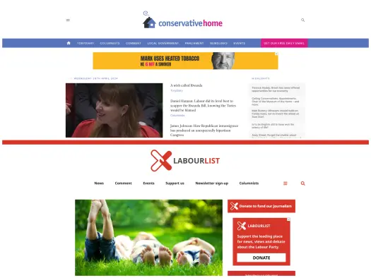 Screenshots of the Conservative Home and Labour List websites on the afternoon of Wednesday 24 April 2024, illustrating a story about those sites dropping Guido Fawkes editor Paul Staines' company Messagespace as their ad sales provider in favour of Total Politics Group.