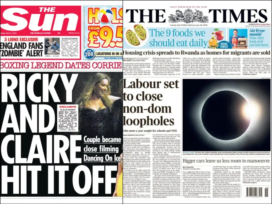 Front pages of News UK titles The Sun and The Times on Tuesday 8 April 2024
