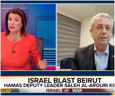 TalkTV host Julia Hartley-Brewer is depicted rebuking Palestinian legislator Dr Mustafa Barghouti on-air in January 2024. Picture: Youtube screenshot
