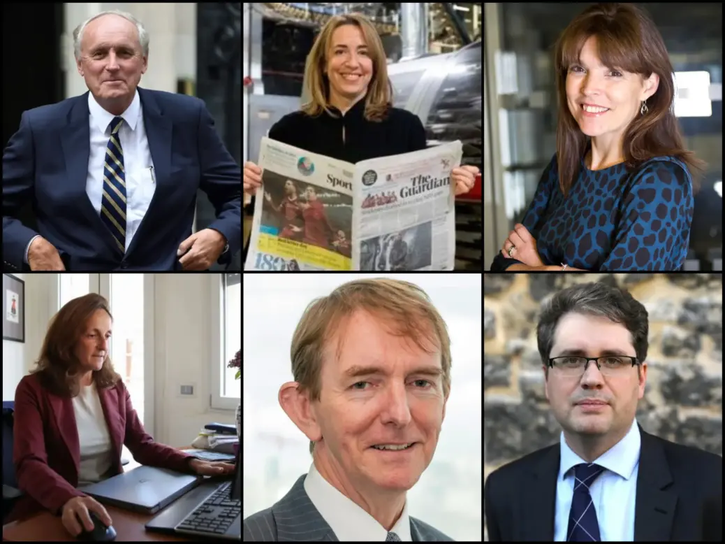 Editors who signed letter about anti-SLAPP bill. Clockwise from top left: DMG Media editor-in-chief Paul Dacre, Guardian editor-in-chief Katharine Viner, Wall Street Journal editor Emma Tucker, Bellingcat founder Eliot Higgins, Times editor Tony Gallagher, and Reuters editor-in-chief Alessandra Galloni