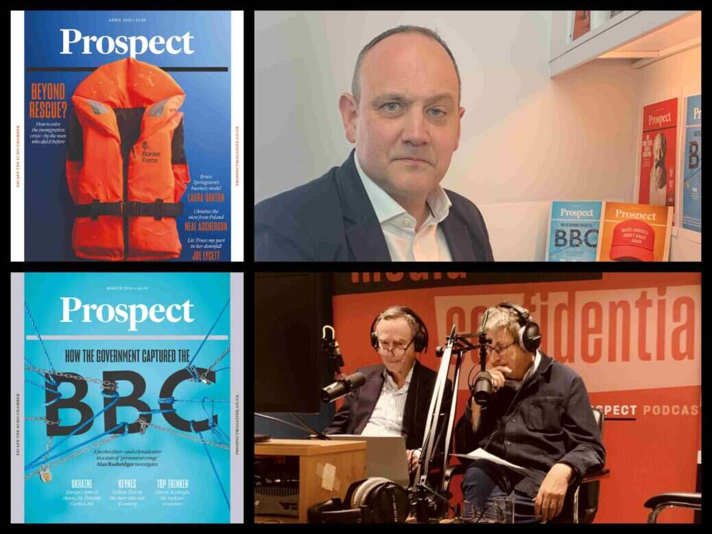 Prospect covers, CEO Mark Beard and editor Alan Rusbridger presenting his weekkly podcast with Lionel Barber