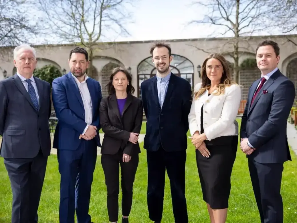 From left: Business Post columnist Vincent Boland; editor Daniel McConnell; new Brussels correspondent Sarah Collins; new UK correspondent Dominic McGrath; chief executive Sarah Murphy; and deputy editor Aaron Rogan. Photo: Fergal Phillips, courtesy of Business Post
