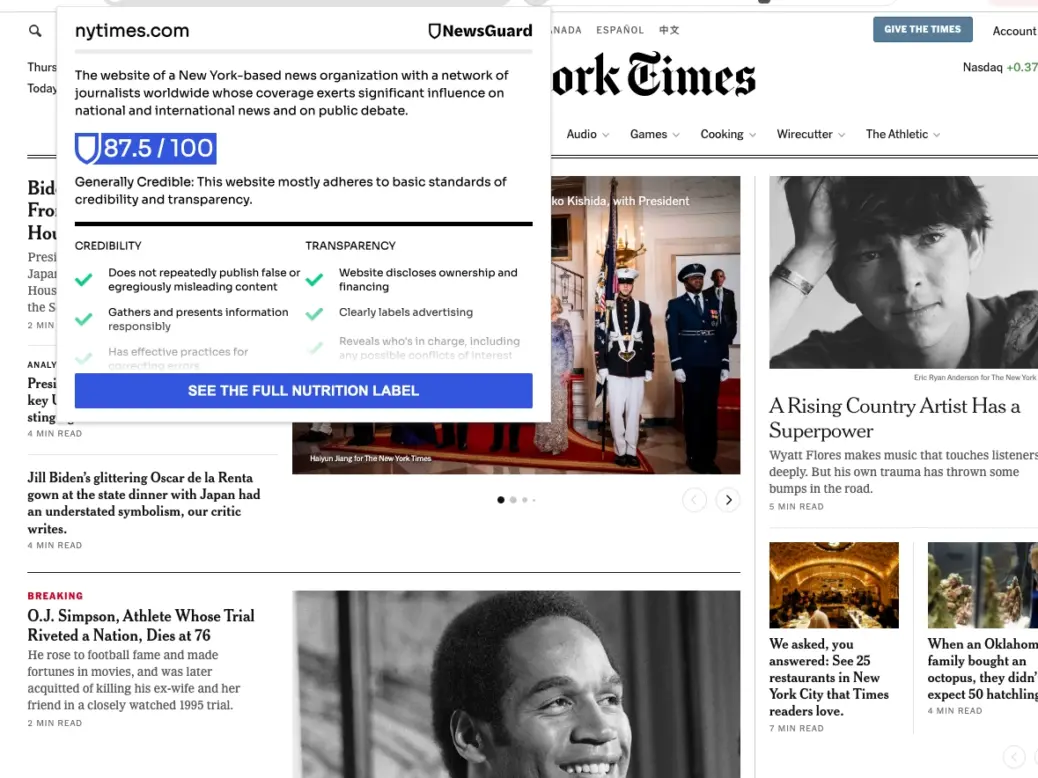 A screenshot of The New York Times homepage with Newsguard's browser extension popup overlaid, showing that the website is now regarded only as "generally credible". The picture illustrates a story that also looks at Newsguard's current scores for major titles including GB News, The Daily Star, The Sun, Mail Online, Fox News, MSNBC and Joe.co.uk.