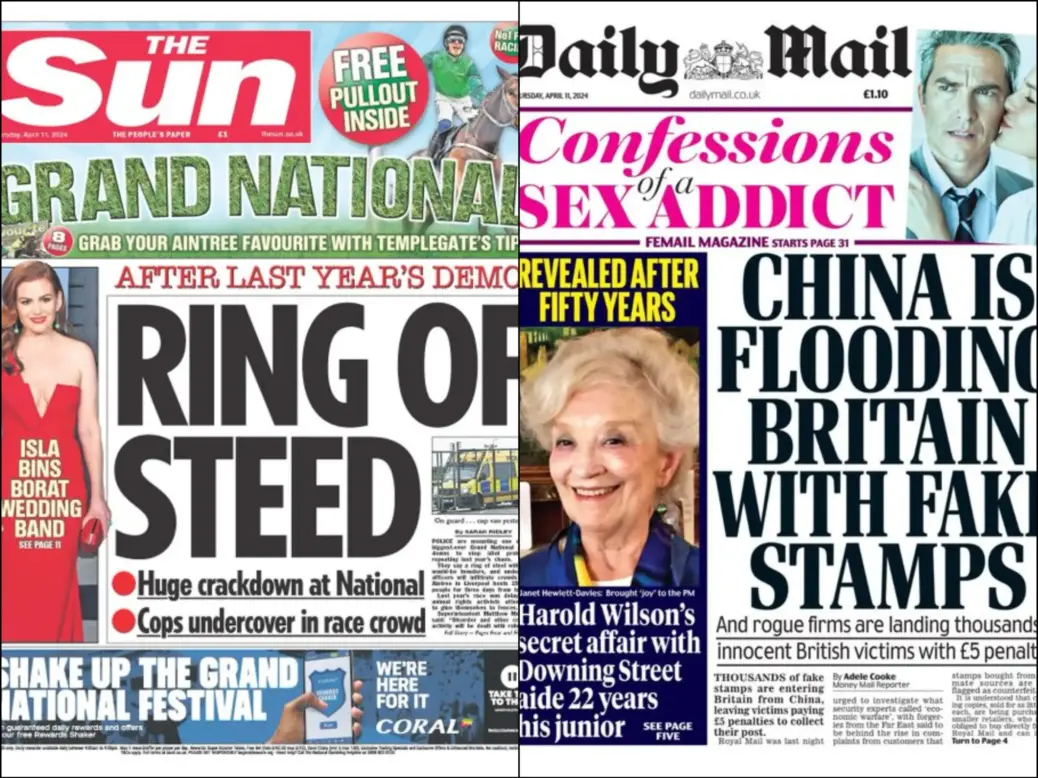 Sun and Daily Mail, the two titles battling for title of most-read commercial newsbrand in the UK, front pages on 11 April 2024