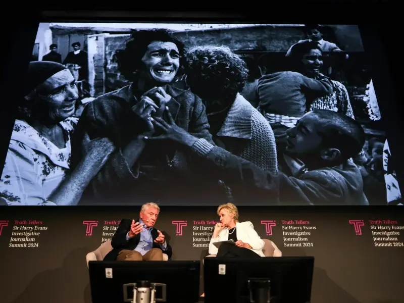 Don McCullin and Tina Brown on stage at the Sir Harry Summit on 15 May 2024. Picture: Parsons Media