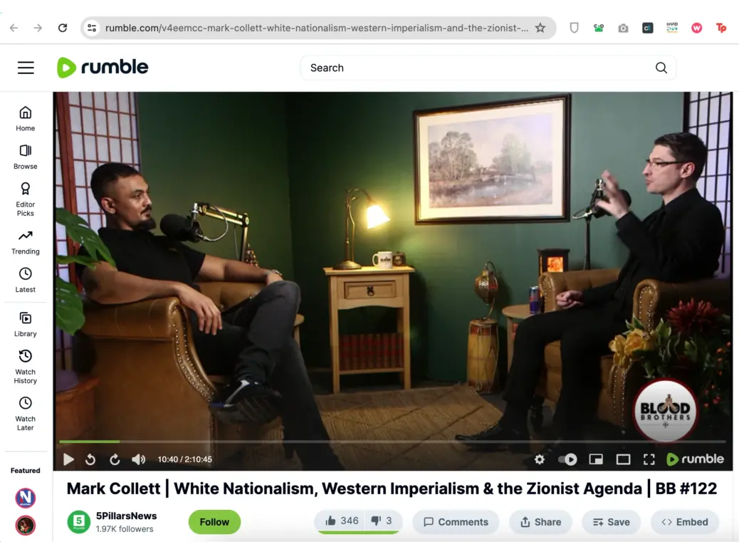 A screenshot of 5Pillars deputy editor Dilly Hussain interviewing the leader of white supremacist party Patriotic Alternative, Mark Collett, for the publication's Blood Brothers podcast in February.