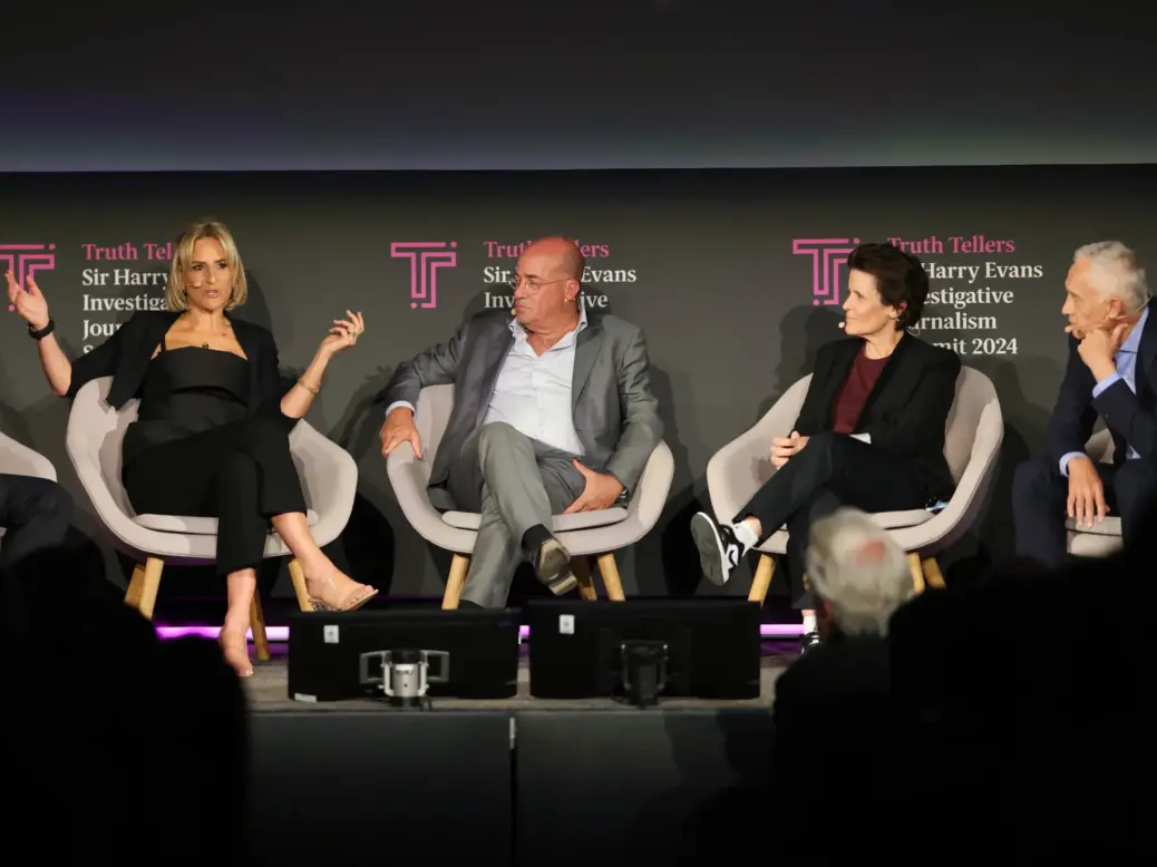 Left to right: Emily Maitlis, Jeff Zucker, Kara Swisher and Jorge Ramos appear on stage at the 2024 Sir Harry Evans Summit in London on 15 May, where they discuss how the media should cover presidential contender Donald Trump in a session moderated by Tortoise editor James Harding (not pictured).