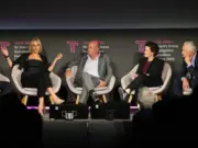 Left to right: Emily Maitlis, Jeff Zucker, Kara Swisher and Jorge Ramos appear on stage at the 2024 Sir Harry Evans Summit in London on 15 May, where they discuss how the media should cover presidential contender Donald Trump in a session moderated by Tortoise editor James Harding (not pictured).