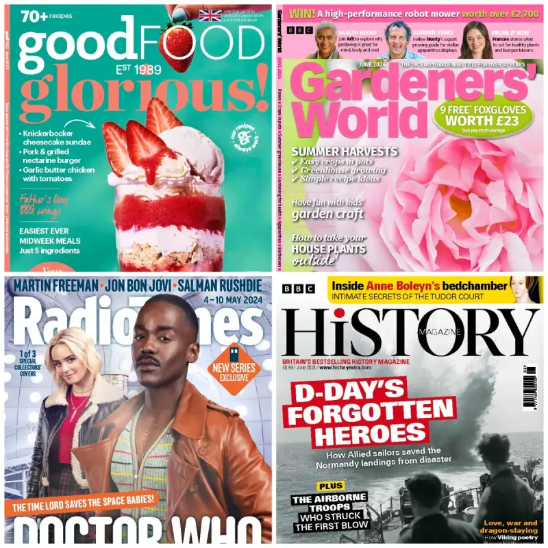Recent front covers for four Immediate Media magazines: Good Food, Gardeners' World, Radio Times and BBC History Magazine