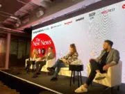 Leaders from the new Independent Media tie-up that brings together The Independent, Huffington Post and Buzzfeed appear on stage at an Advertising Week panel. Left to right: Advertising Week global president Ruth Mortimer, Independent CEO Christian Broughton, Huffpost UK editor-in-chief Cate Sevilla and Buzzfeed director of video Homam Ayaso.