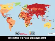 A world map shaded to indicate how countries scored on the RSF Press Freedom Index 2024. The map is overwhelmingly red, with much of Asia coloured darkly red indicating a "very serious" press freedom situation. Picture: Reporters Without Borders