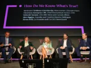 Panel discussion on 'How Do We Know What's True' at the 2024 Sir Harry Summit. Left to right: Krishnan Guru-Murthy (moderator), Christiane Amanpour, Deborah Turness, Eliot Higgins and Steven Brill