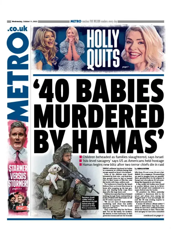Metro front page with 'babies murdered by Hamas' claim on 11 October 2023