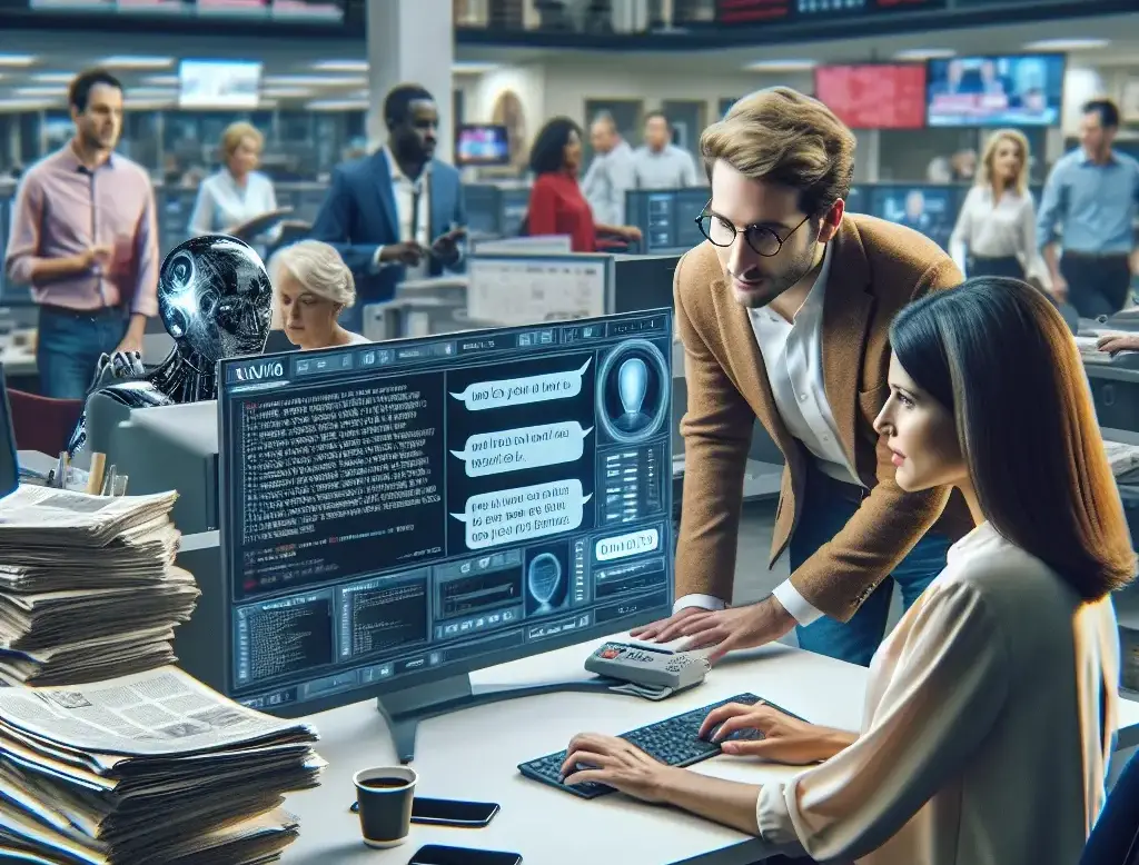 AI generated stock image showing journalists and AI robots in the newsroom