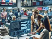 AI generated stock image showing journalists and AI robots in the newsroom